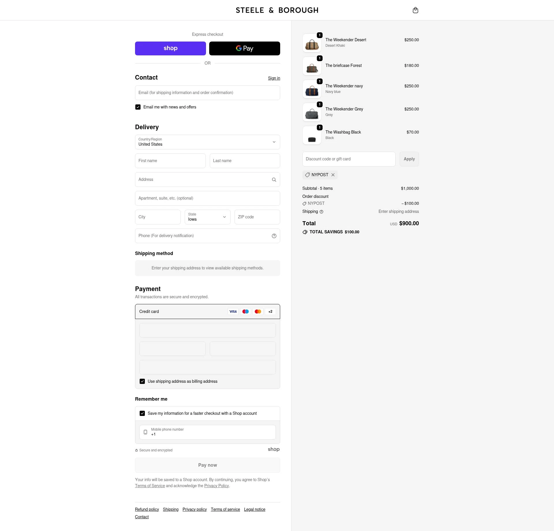 Steele & Borough checkout page showing Steele & Borough promo code box | Screenshot taken by SimplyCodes community member on Dec 6, 2025