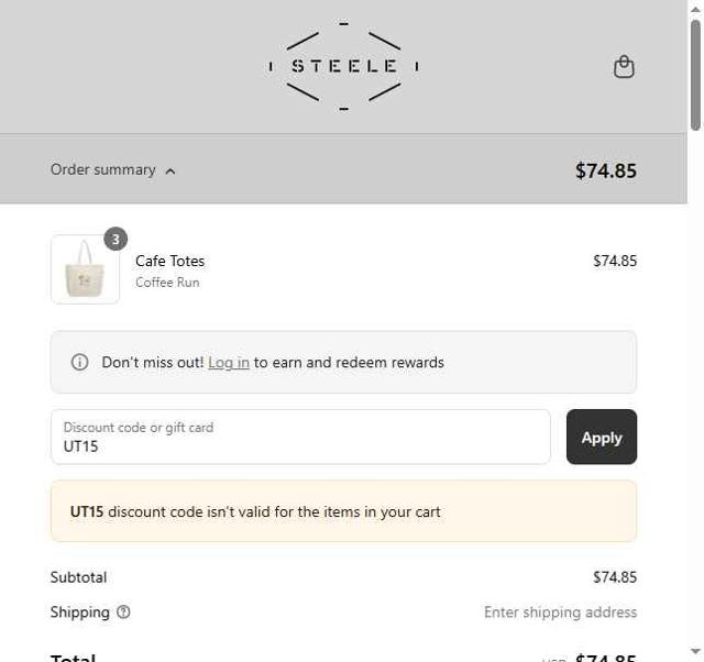 Steele Canvas checkout page showing Steele Canvas discount code box | Screenshot taken by SimplyCodes community member on Sep 14, 2025