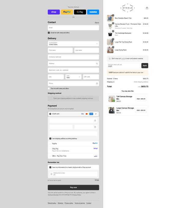Steele Canvas checkout page showing Steele Canvas discount code box | Screenshot taken by SimplyCodes community member on Sep 14, 2025