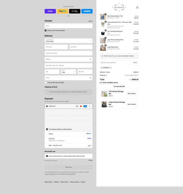 Steele Canvas checkout page showing Steele Canvas discount code box | Screenshot taken by SimplyCodes community member on Sep 14, 2025