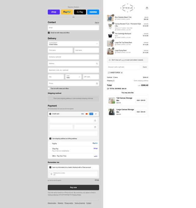 Steele Canvas checkout page showing Steele Canvas discount code box | Screenshot taken by SimplyCodes community member on Sep 14, 2025