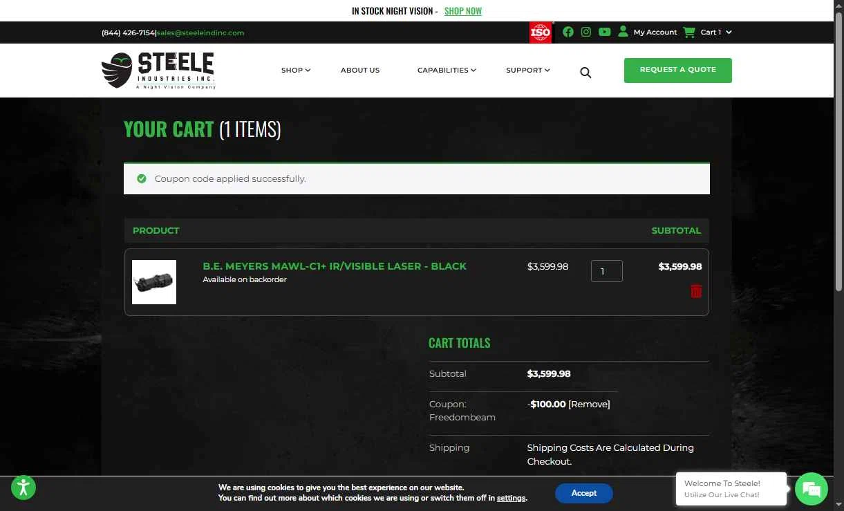 Steele Industries checkout page showing Steele Industries coupon code box | Screenshot taken by SimplyCodes community member on Oct 28, 2025