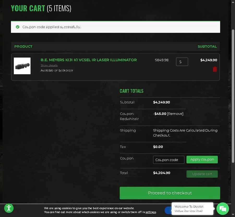 Steele Industries checkout page showing Steele Industries coupon code box | Screenshot taken by SimplyCodes community member on Nov 5, 2025