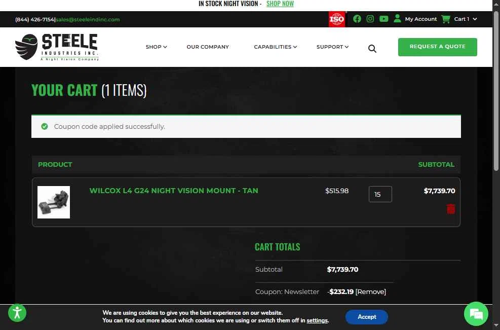 Steele Industries checkout page showing Steele Industries coupon code box | Screenshot taken by SimplyCodes community member on Jan 8, 2026