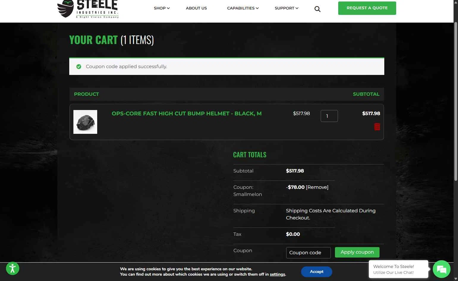 Steele Industries checkout page showing Steele Industries coupon code box | Screenshot taken by SimplyCodes community member on Oct 24, 2025