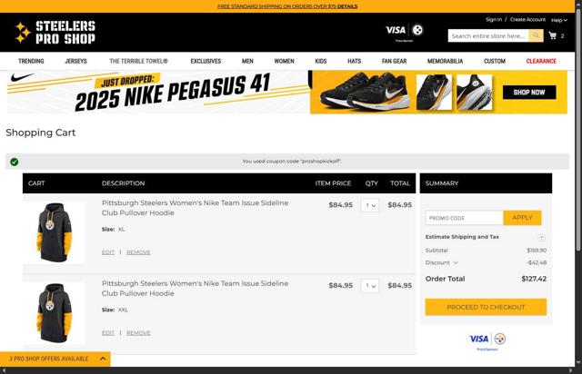 Steelers Pro Shop checkout page showing Steelers Pro Shop promo code box | Screenshot taken by SimplyCodes community member on Sep 5, 2025