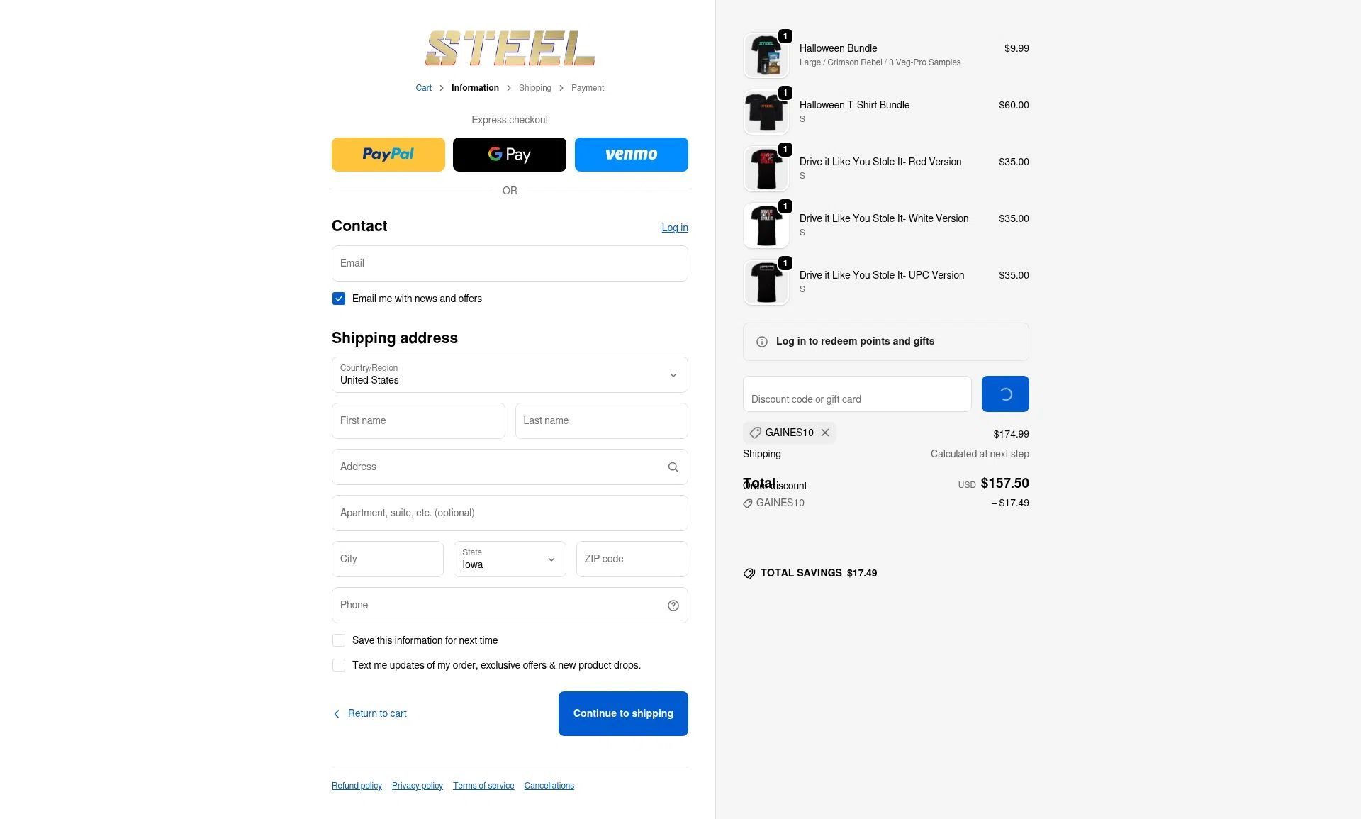 Steel Supplements checkout page showing Steel Supplements discount code box | Screenshot taken by SimplyCodes community member on Jan 17, 2026