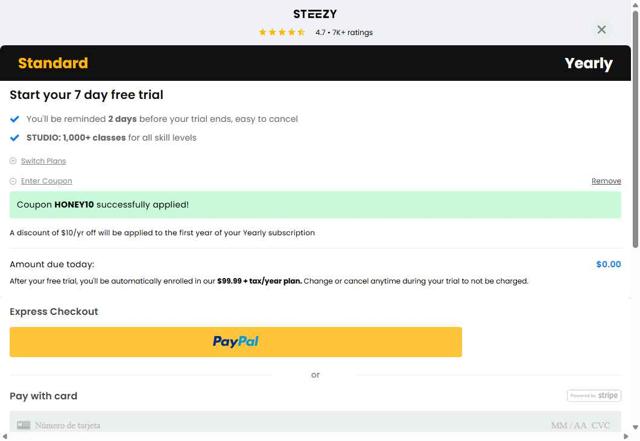 Steezy Studio checkout page showing Steezy Studio coupon code box | Screenshot taken by SimplyCodes community member on Aug 2, 2025