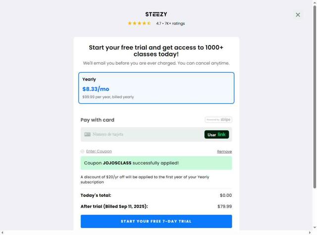 Steezy Studio checkout page showing Steezy Studio coupon code box | Screenshot taken by SimplyCodes community member on Sep 4, 2025