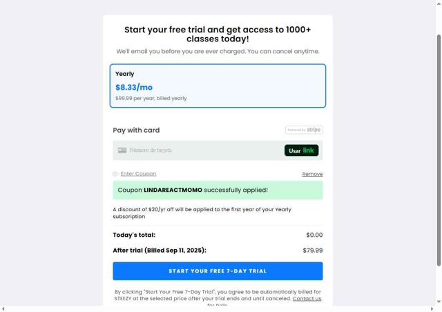 Steezy Studio checkout page showing Steezy Studio coupon code box | Screenshot taken by SimplyCodes community member on Sep 4, 2025