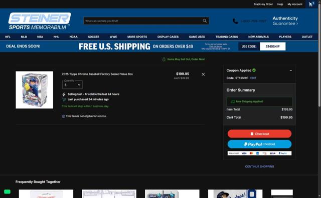 Steiner Sports checkout page showing Steiner Sports promo code box | Screenshot taken by SimplyCodes community member on Sep 2, 2025