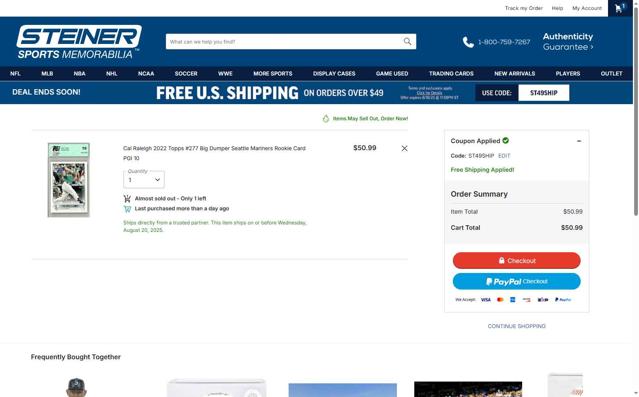 Steiner Sports checkout page showing Steiner Sports promo code box | Screenshot taken by SimplyCodes community member on Aug 16, 2025