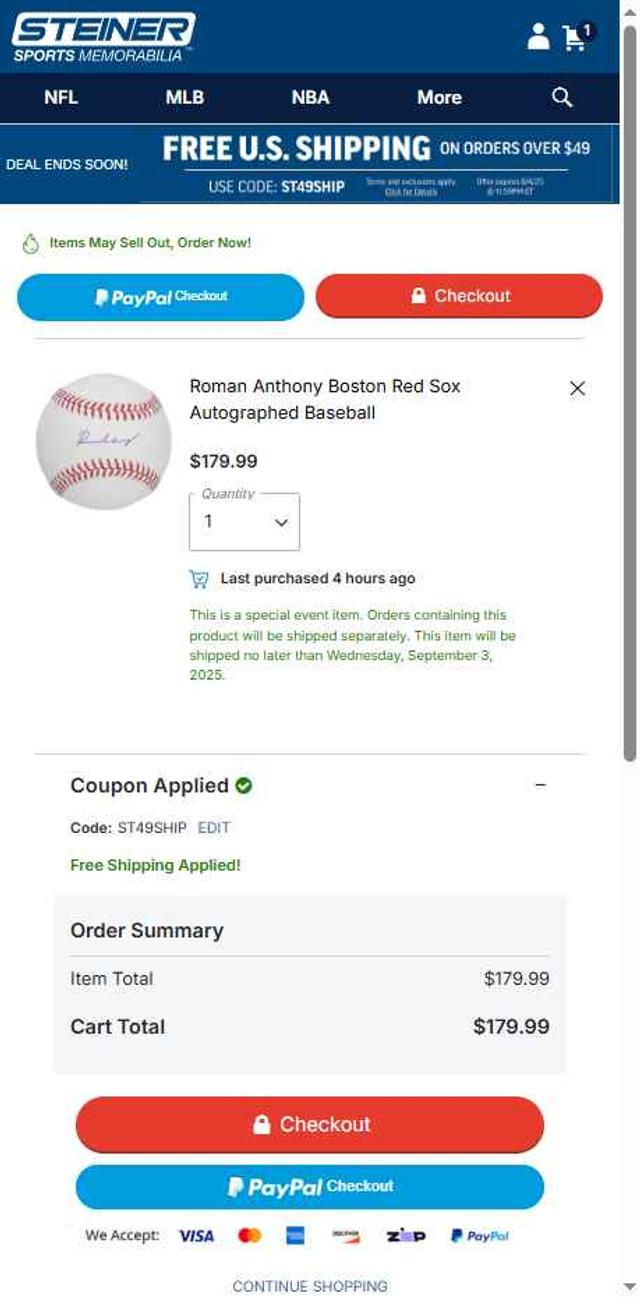 Steiner Sports checkout page showing Steiner Sports promo code box | Screenshot taken by SimplyCodes community member on Aug 2, 2025