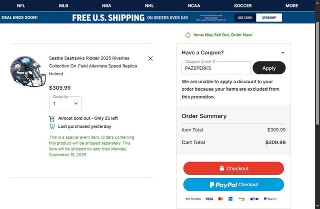 Steiner Sports checkout page showing Steiner Sports promo code box | Screenshot taken by SimplyCodes community member on Sep 13, 2025