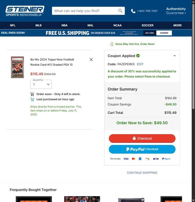 Steiner Sports checkout page showing Steiner Sports promo code box | Screenshot taken by SimplyCodes community member on Jul 1, 2025