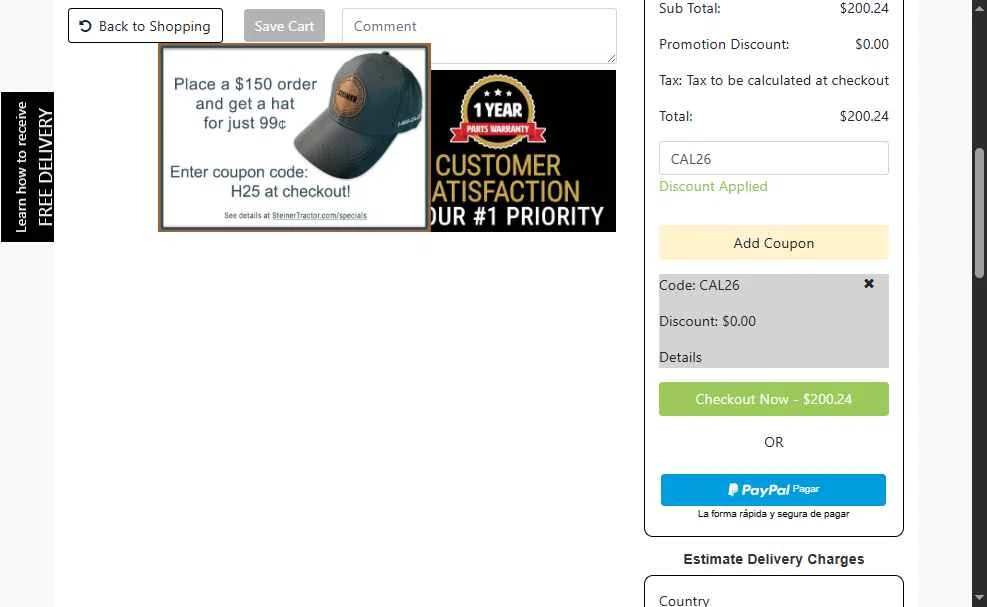 Steiner Tractor checkout page showing Steiner Tractor coupon code box | Screenshot taken by SimplyCodes community member on Dec 16, 2025