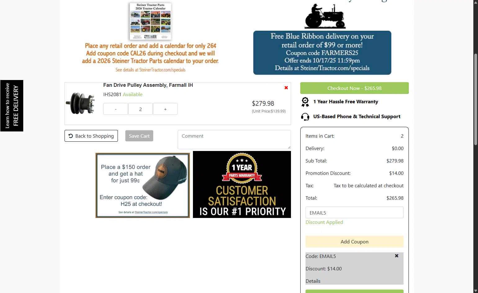 Steiner Tractor checkout page showing Steiner Tractor coupon code box | Screenshot taken by SimplyCodes community member on Oct 12, 2025