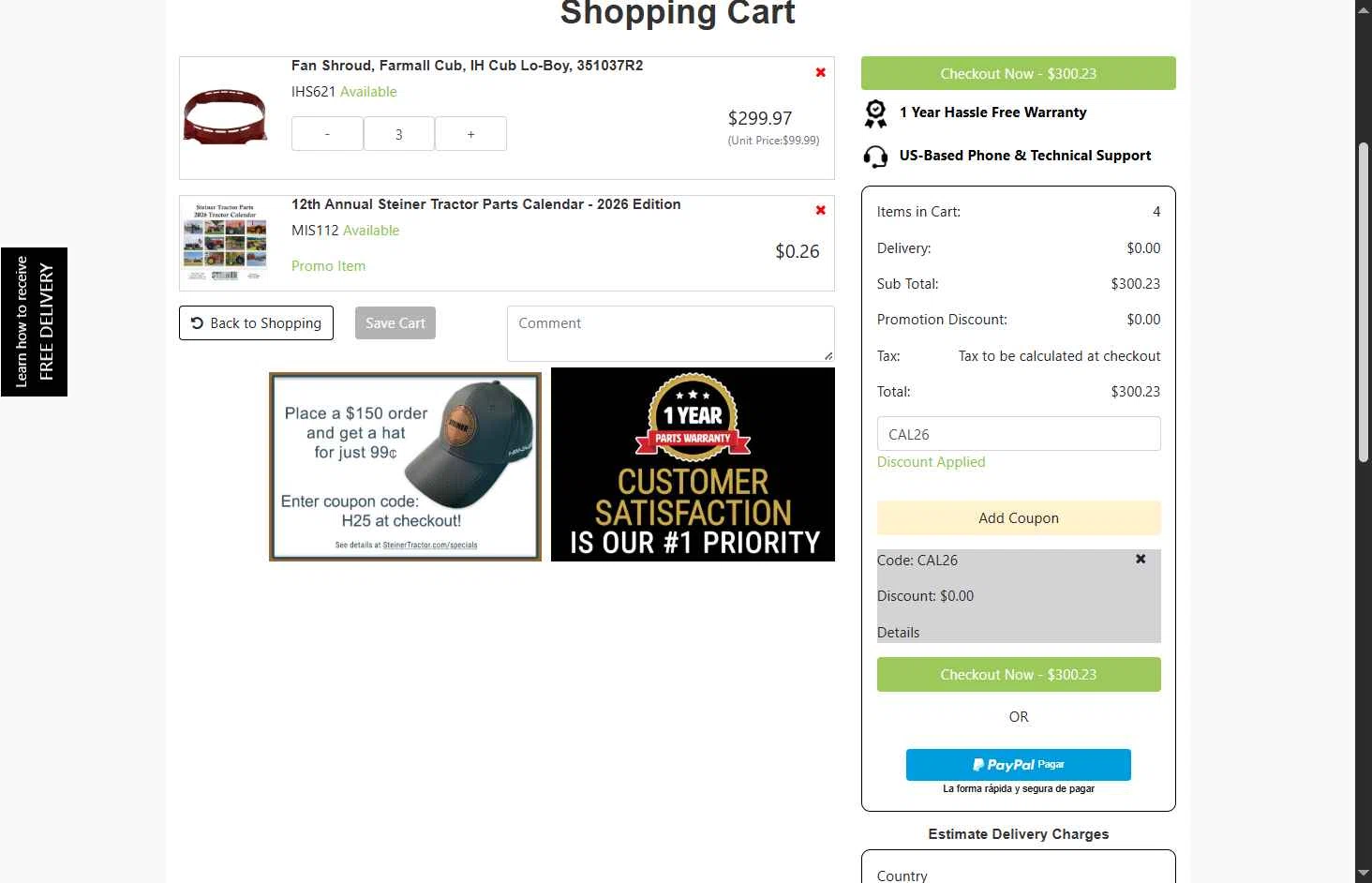 Steiner Tractor checkout page showing Steiner Tractor coupon code box | Screenshot taken by SimplyCodes community member on Oct 19, 2025