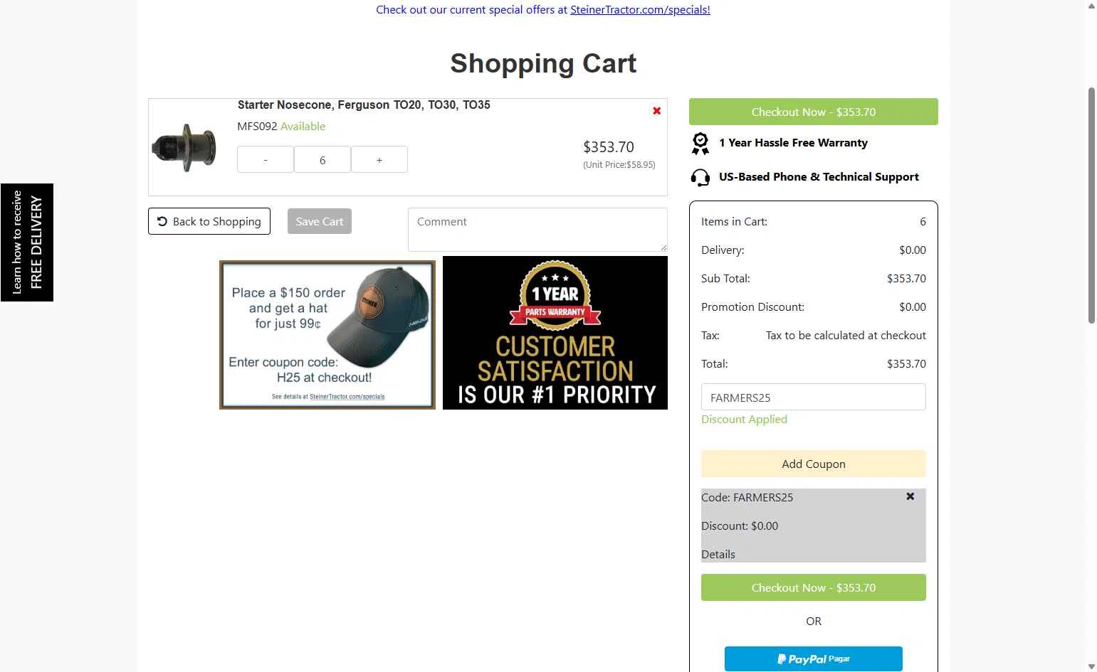 Steiner Tractor checkout page showing Steiner Tractor coupon code box | Screenshot taken by SimplyCodes community member on Oct 10, 2025