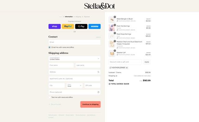 Stella & Dot checkout page showing Stella & Dot promo code box | Screenshot taken by SimplyCodes community member on Sep 2, 2025