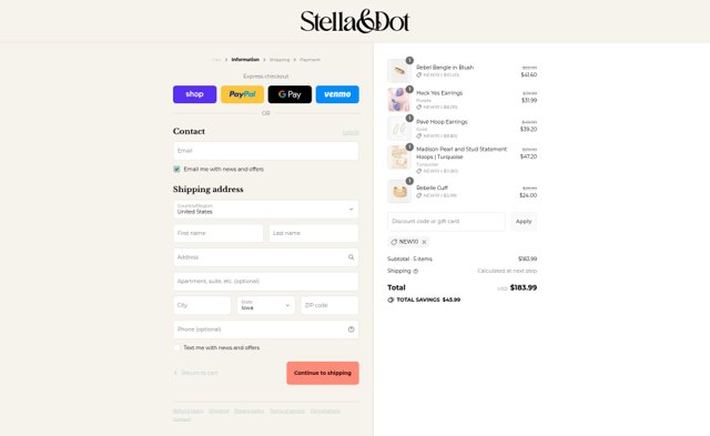 Stella & Dot checkout page showing Stella & Dot promo code box | Screenshot taken by SimplyCodes community member on Sep 2, 2025