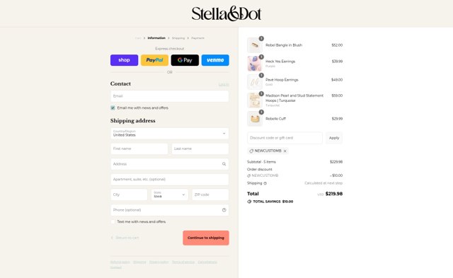 Stella & Dot checkout page showing Stella & Dot promo code box | Screenshot taken by SimplyCodes community member on Sep 2, 2025