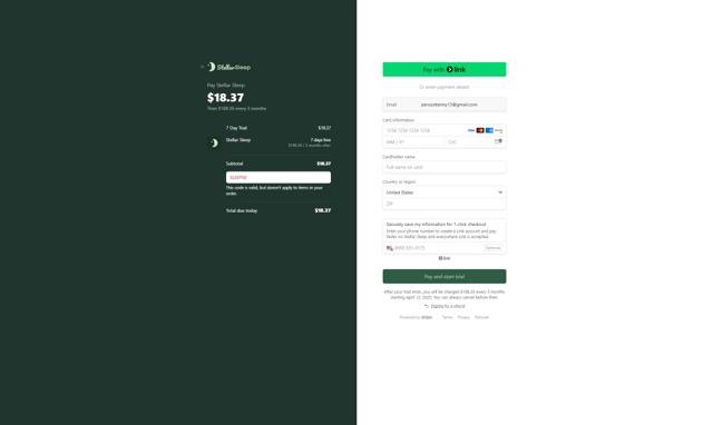 Stellar Sleep checkout page showing Stellar Sleep promo code box | Screenshot taken by SimplyCodes community member on Apr 5, 2025