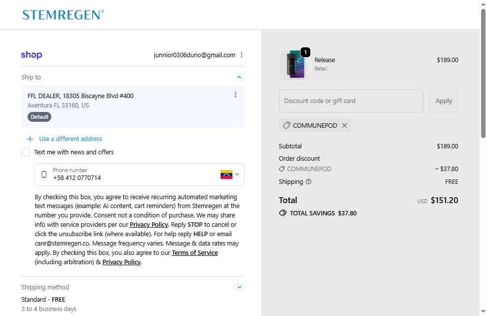 Stemregen checkout page showing Stemregen discount code box | Screenshot taken by SimplyCodes community member on Jan 15, 2026