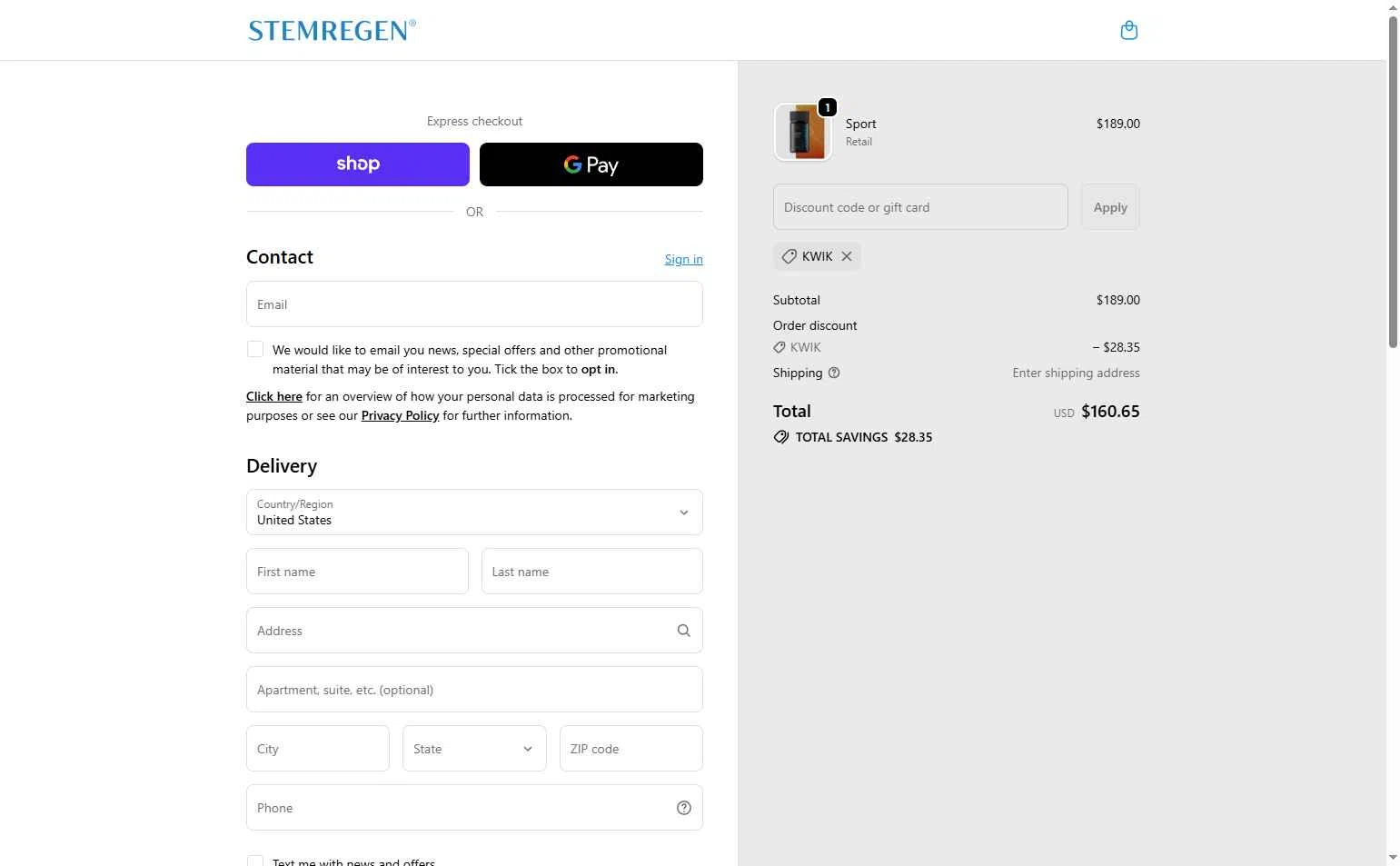 Stemregen checkout page showing Stemregen discount code box | Screenshot taken by SimplyCodes community member on Dec 27, 2025