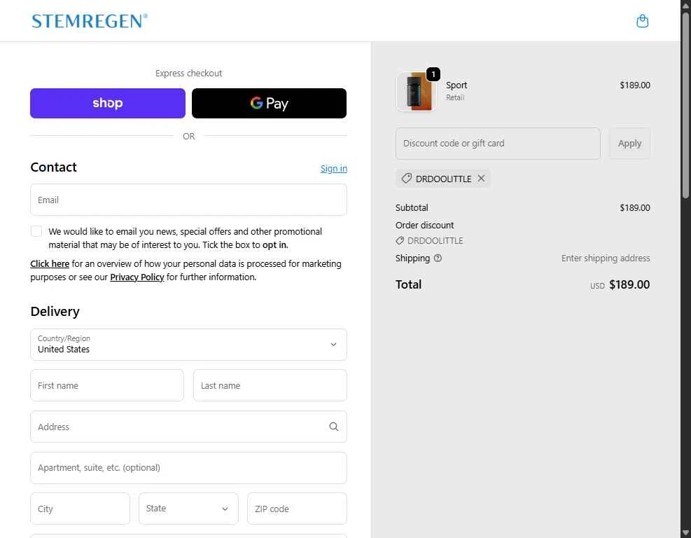 Stemregen checkout page showing Stemregen discount code box | Screenshot taken by SimplyCodes community member on Feb 11, 2026