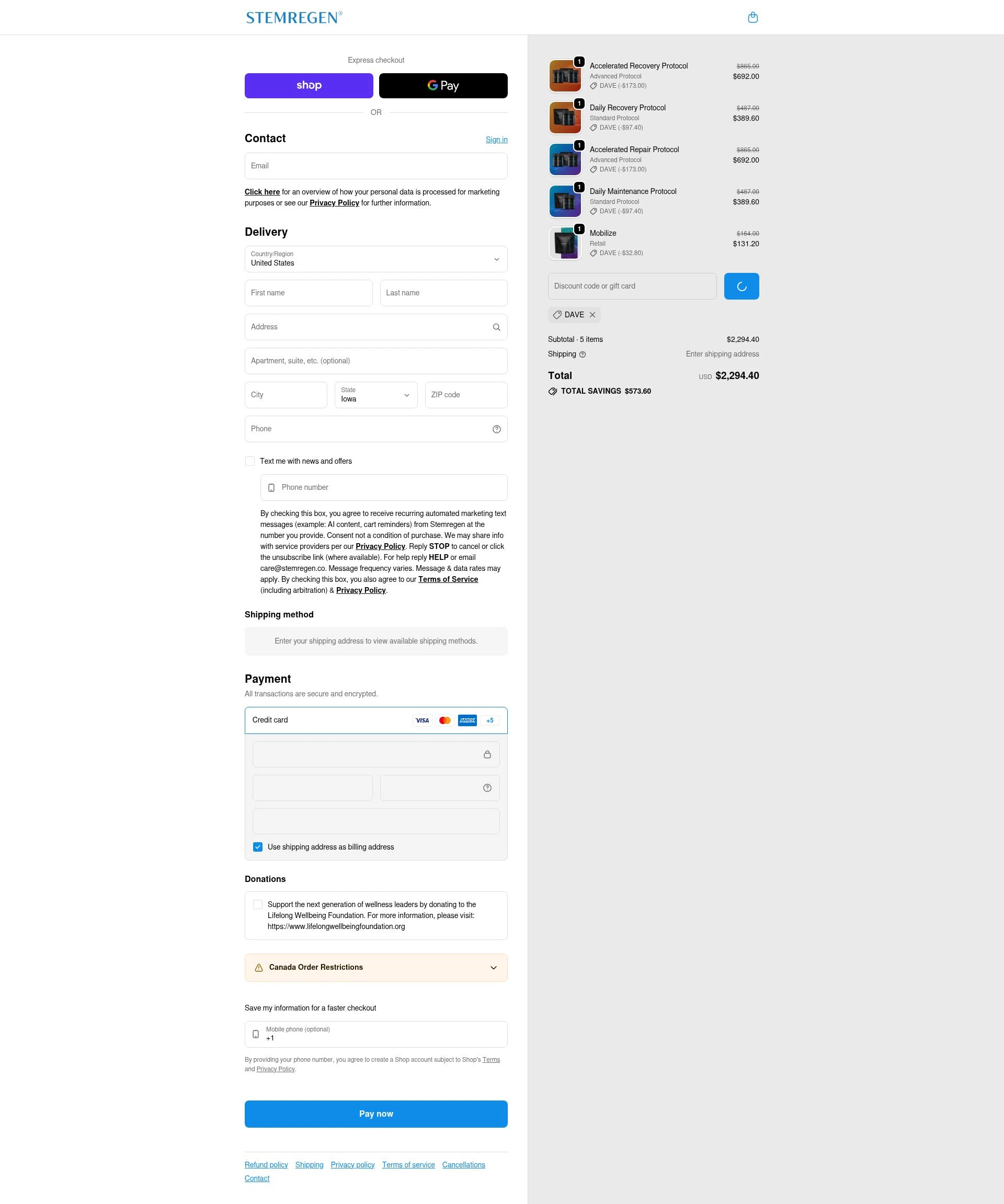 Stemregen checkout page showing Stemregen discount code box | Screenshot taken by SimplyCodes community member on Feb 10, 2026