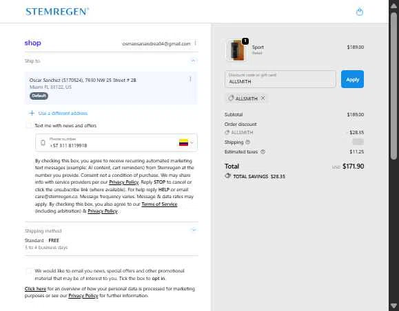Stemregen checkout page showing Stemregen discount code box | Screenshot taken by SimplyCodes community member on Jan 25, 2026