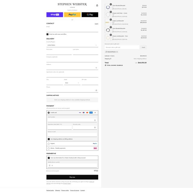 Stephen Webster checkout page showing Stephen Webster promo code box | Screenshot taken by SimplyCodes community member on Aug 26, 2025