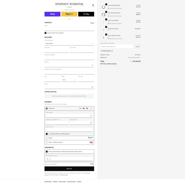 Stephen Webster checkout page showing Stephen Webster promo code box | Screenshot taken by SimplyCodes community member on Sep 20, 2025