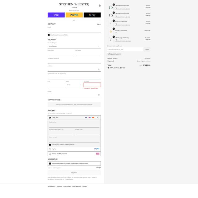 Stephen Webster checkout page showing Stephen Webster promo code box | Screenshot taken by SimplyCodes community member on Sep 24, 2025
