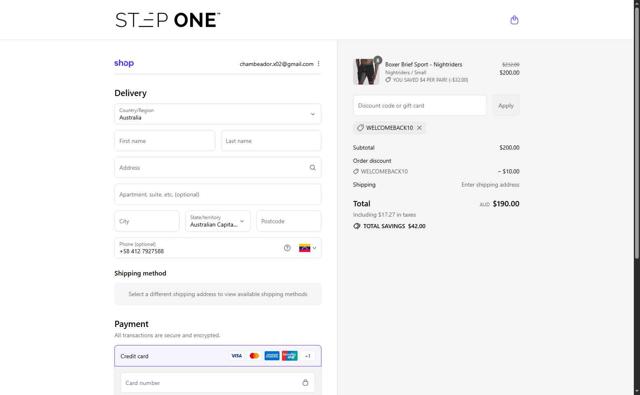 Step One AU checkout page showing Step One AU promo code box | Screenshot taken by SimplyCodes community member on Sep 8, 2025