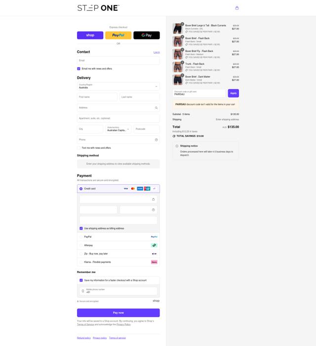Step One AU checkout page showing Step One AU promo code box | Screenshot taken by SimplyCodes community member on Sep 4, 2025