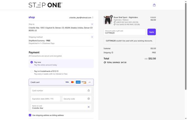 Step One AU checkout page showing Step One AU promo code box | Screenshot taken by SimplyCodes community member on Sep 2, 2025