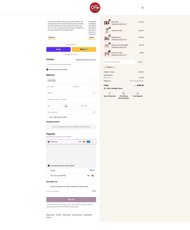 Step One Foods checkout page showing Step One Foods discount code box | Screenshot taken by SimplyCodes community member on Sep 12, 2025