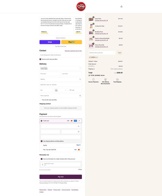 Step One Foods checkout page showing Step One Foods discount code box | Screenshot taken by SimplyCodes community member on Sep 12, 2025