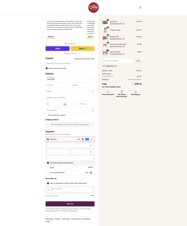 Step One Foods checkout page showing Step One Foods discount code box | Screenshot taken by SimplyCodes community member on Sep 12, 2025
