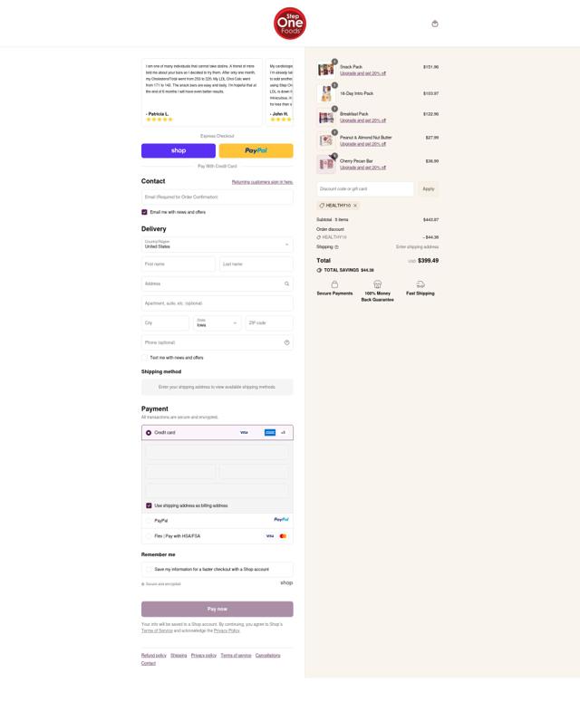 Step One Foods checkout page showing Step One Foods discount code box | Screenshot taken by SimplyCodes community member on Sep 12, 2025