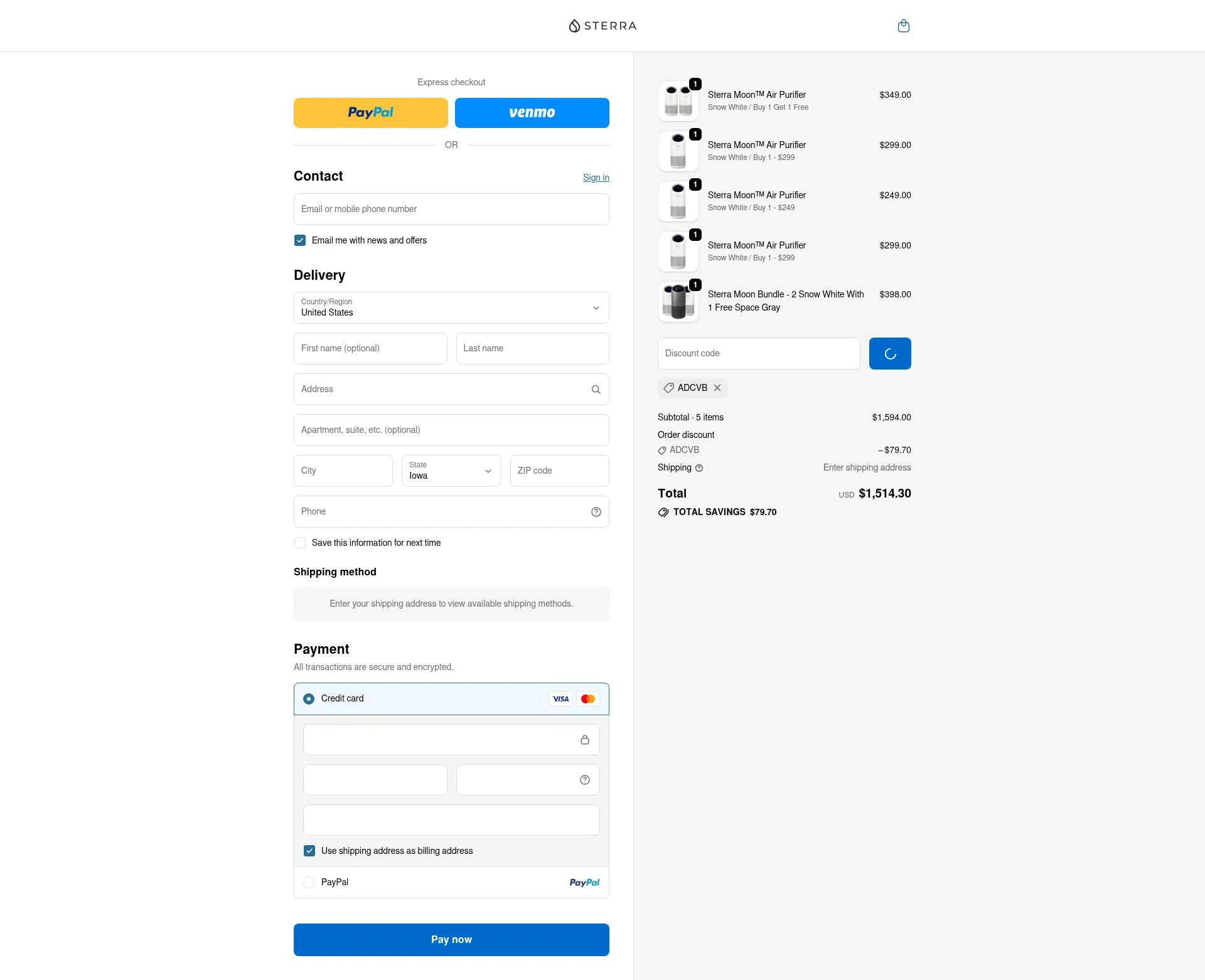 Sterra checkout page showing Sterra discount code box | Screenshot taken by SimplyCodes community member on Feb 5, 2026