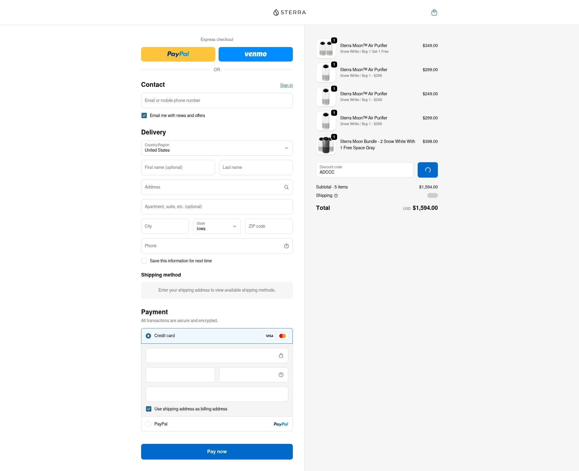 Sterra checkout page showing Sterra discount code box | Screenshot taken by SimplyCodes community member on Feb 5, 2026