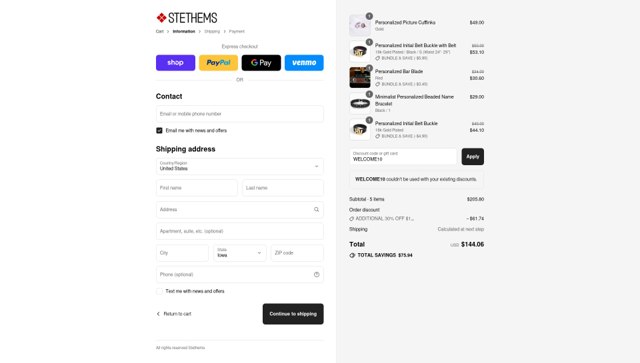 Stethems checkout page showing Stethems promo code box | Screenshot taken by SimplyCodes community member on Aug 29, 2025