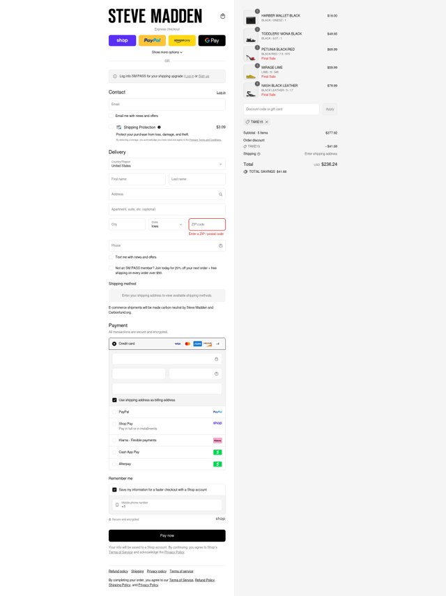 Steve Madden checkout page showing Steve Madden discount code box | Screenshot taken by SimplyCodes community member on Sep 3, 2025