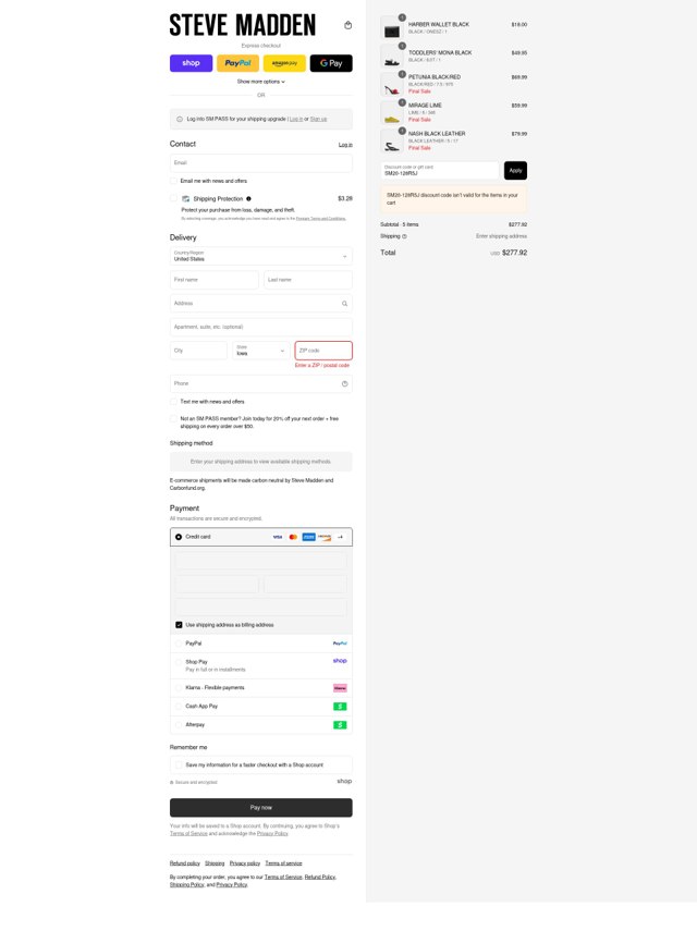 Steve Madden checkout page showing Steve Madden discount code box | Screenshot taken by SimplyCodes community member on Sep 3, 2025