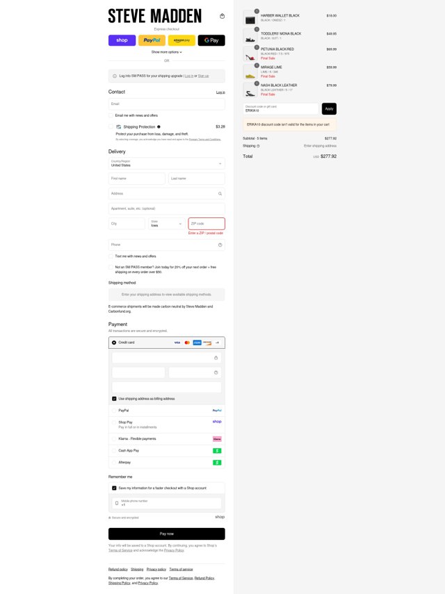 Steve Madden checkout page showing Steve Madden discount code box | Screenshot taken by SimplyCodes community member on Sep 3, 2025