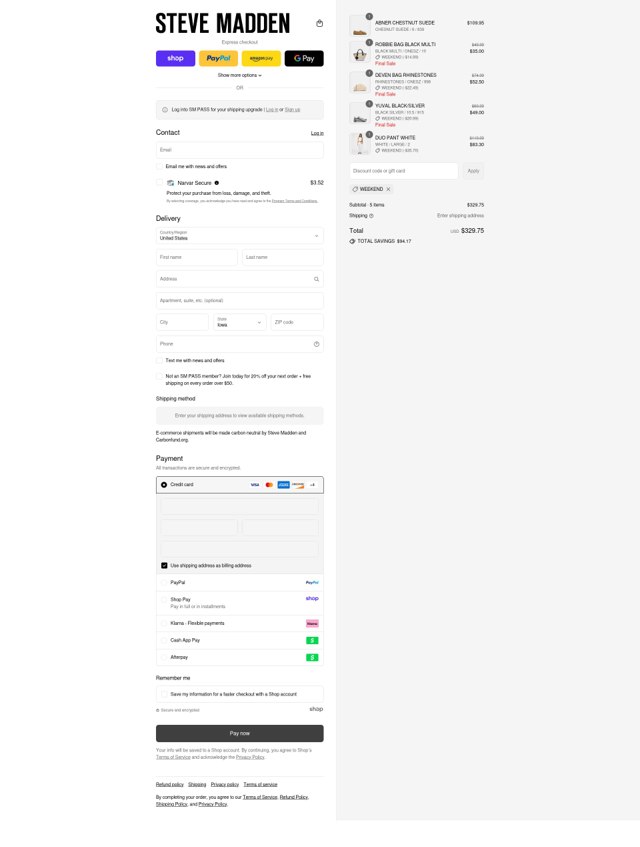 Steve Madden checkout page showing Steve Madden discount code box | Screenshot taken by SimplyCodes community member on Aug 30, 2025