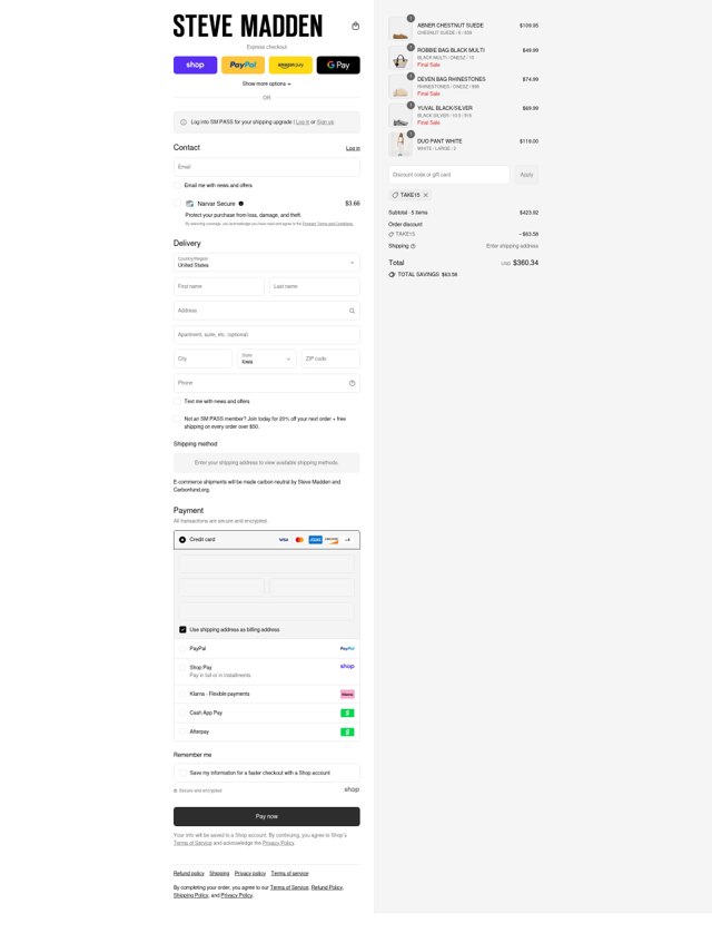 Steve Madden checkout page showing Steve Madden discount code box | Screenshot taken by SimplyCodes community member on Aug 30, 2025